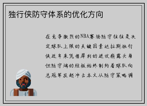 独行侠防守体系的优化方向