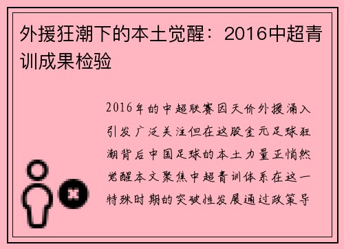 外援狂潮下的本土觉醒：2016中超青训成果检验