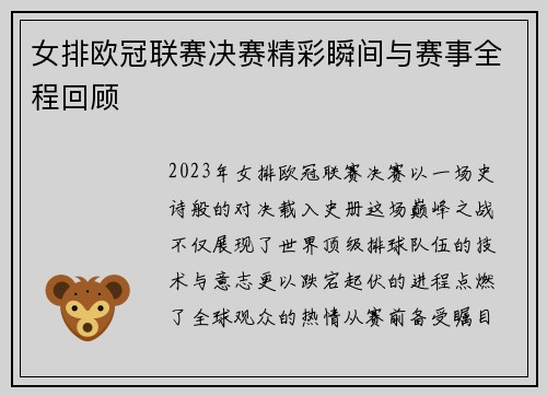 女排欧冠联赛决赛精彩瞬间与赛事全程回顾