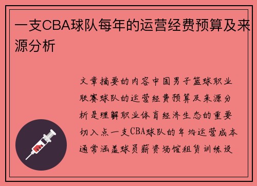 一支CBA球队每年的运营经费预算及来源分析