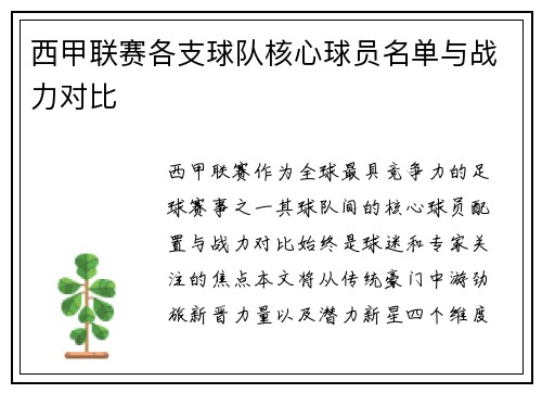 西甲联赛各支球队核心球员名单与战力对比